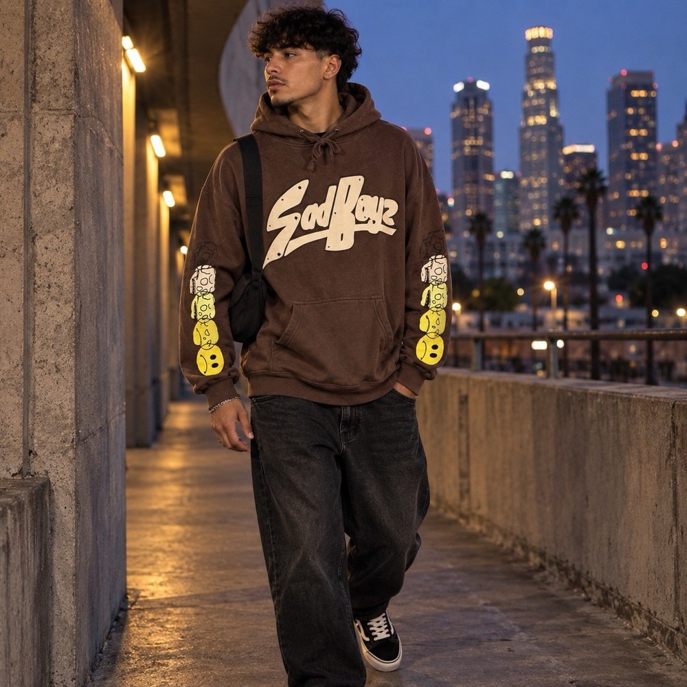 Sad Boyz Junior H Faces Brown Hoodie Mens Size XXL Graphic Sleeve Streetwear